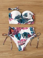 bikini à imprimé feuille push-up taille haute