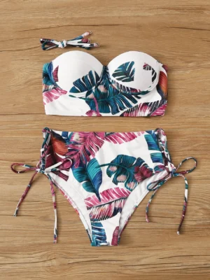 bikini à imprimé feuille push-up taille haute