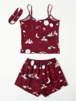 3 pièces ensemble de pyjama avec motif cartoon et masque de sommeil assorti