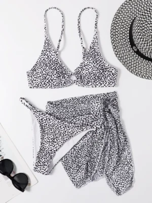 3 pièces bikini à imprimé tacheture & jupe de plage