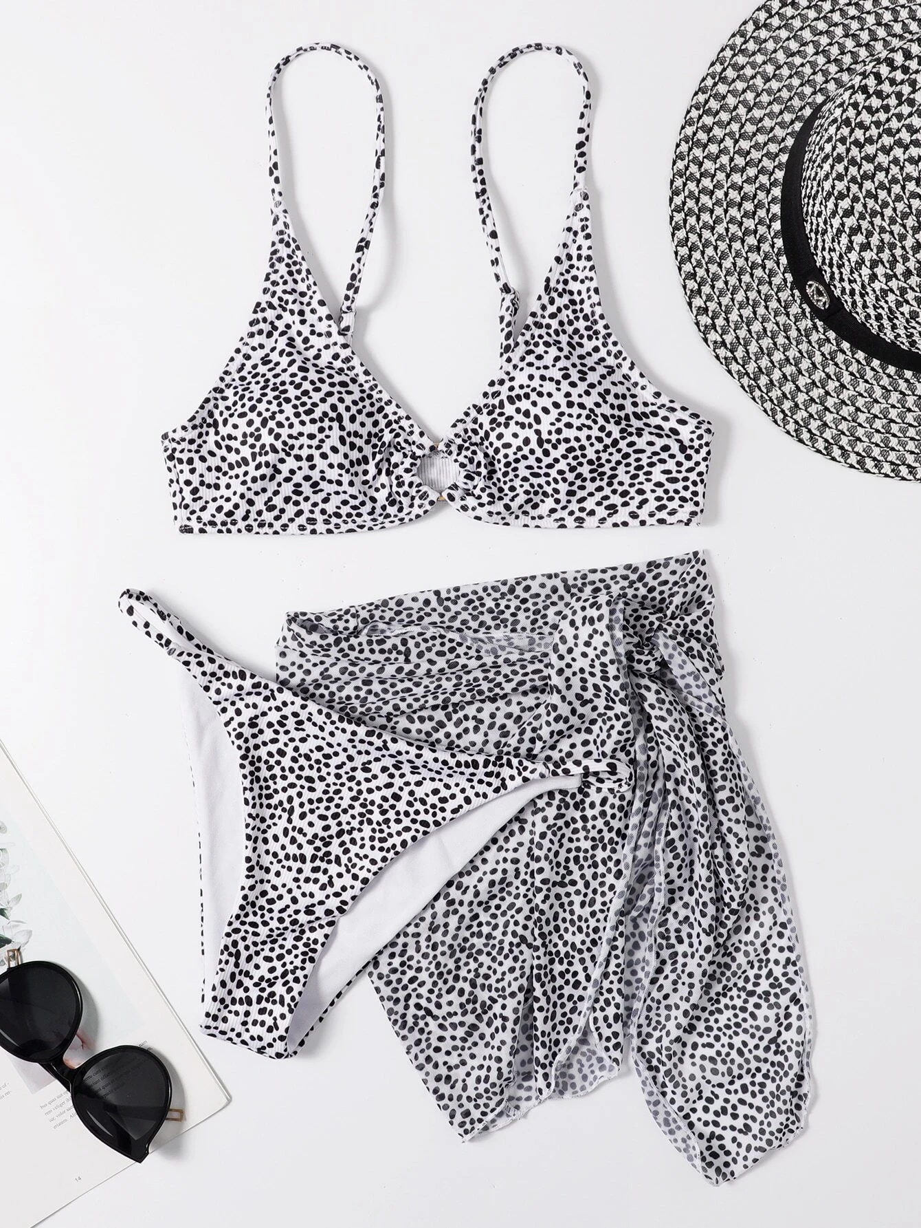 3 pièces bikini à imprimé tacheture & jupe de plage