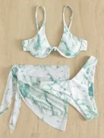 3 pièces bikini à armature échancré & jupe de plage