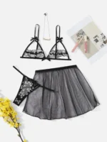 3 pièces ensemble de lingerie à motif marguerite transparent