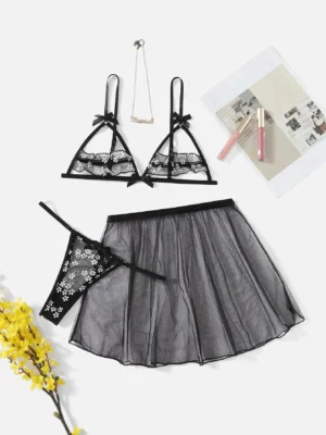 3 pièces ensemble de lingerie à motif marguerite transparent