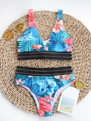 maillot de bain bikini en maille contrastante à imprimé floral
