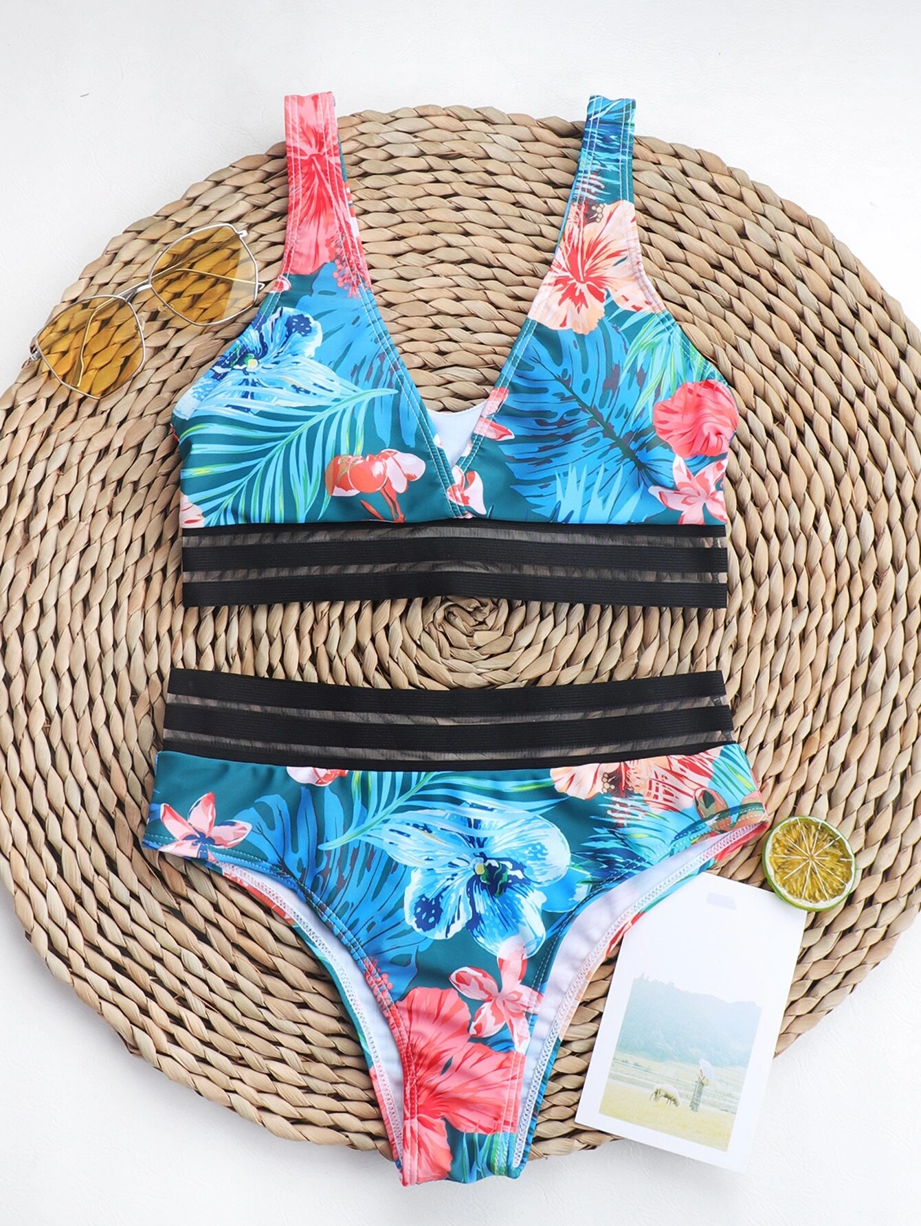 maillot de bain bikini en maille contrastante à imprimé floral