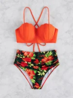 bikini à imprimé tropical à ruché push-up taille haute