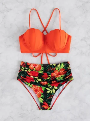 bikini à imprimé tropical à ruché push-up taille haute