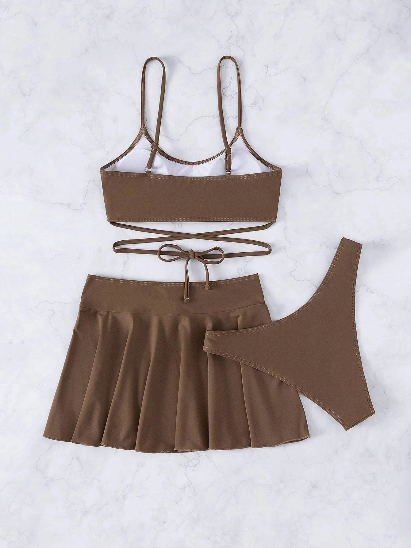 3 pièces bikini unicolore à lacets & jupe de plage – Image 4