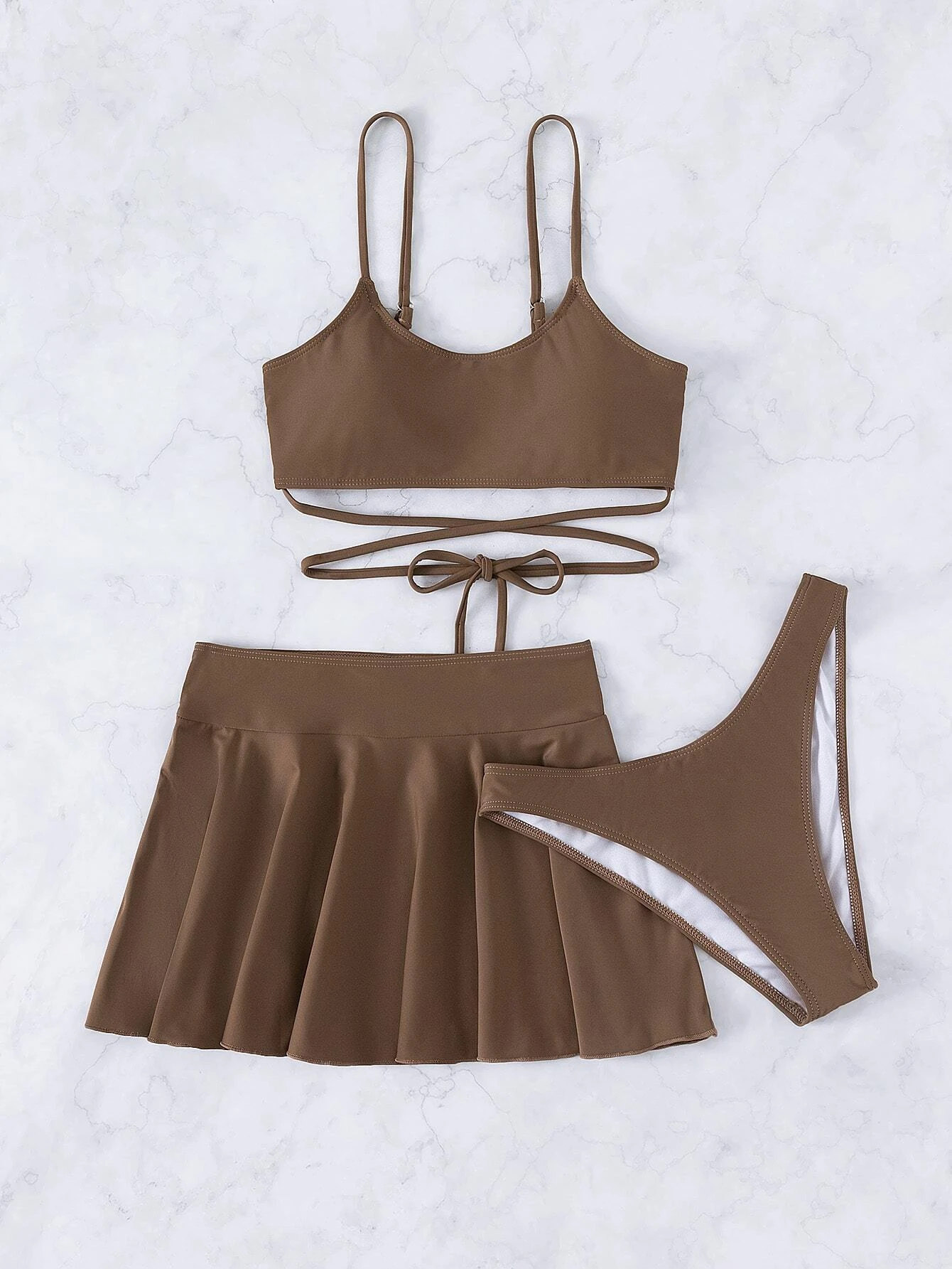 3 pièces bikini unicolore à lacets & jupe de plage – Image 6