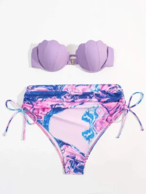 bikini à imprimé marbré à cordon festonné push-up