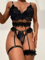 3 pièces ensemble de lingerie en dentelle jarretière