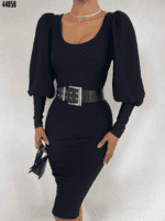Robe ottomane midi noire à col en U et manches ballon pour femme (sans ceinture)