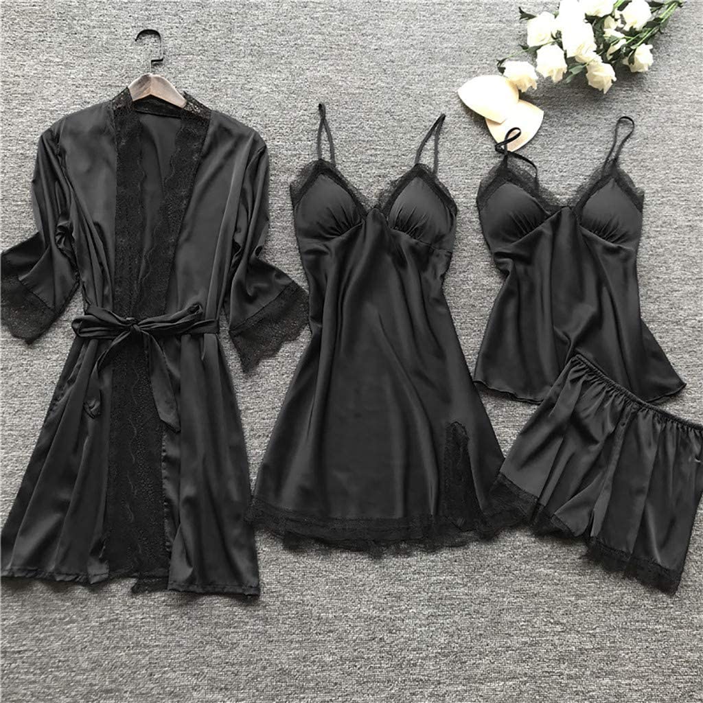 set 4 pièces femme satin pyjama attrayant et en dentelle