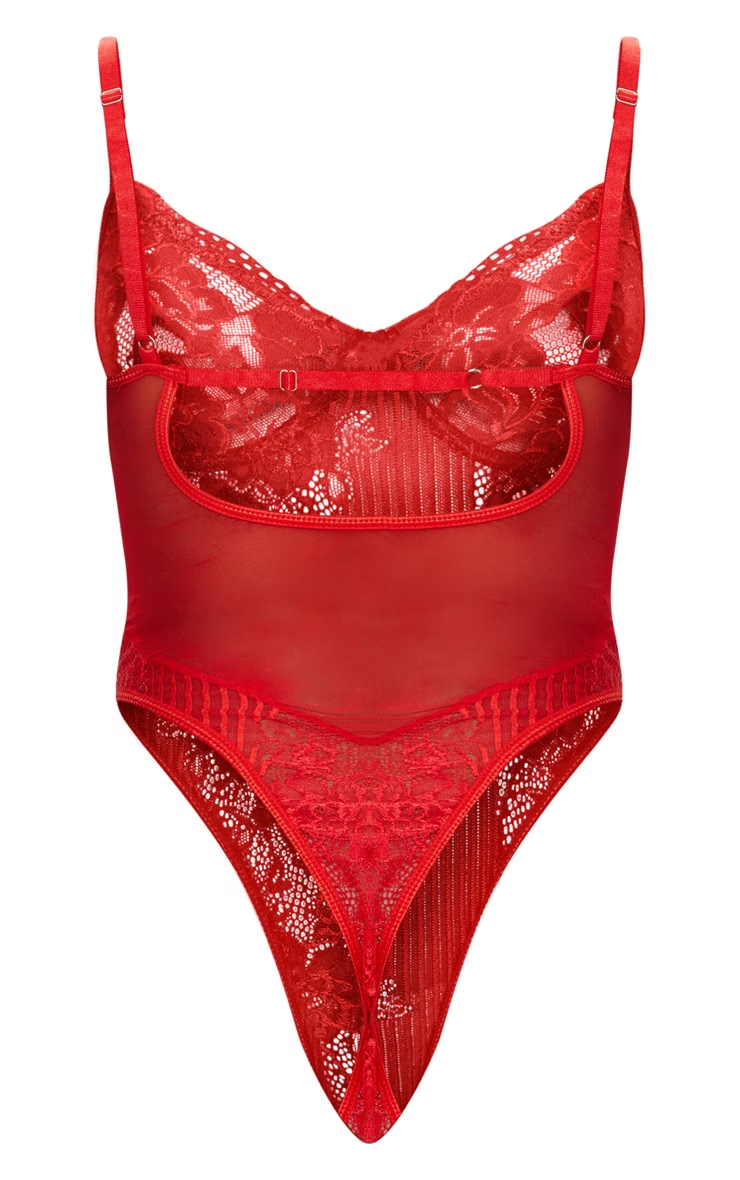 body lingerie échancré à armatures en dentelle rouge. – Image 4