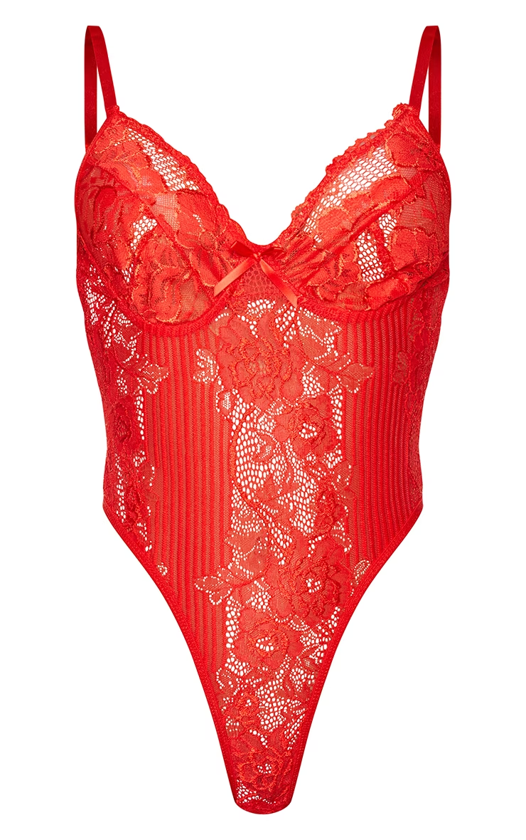 body lingerie échancré à armatures en dentelle rouge. – Image 5