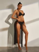 3 pièces Bikini triangulaire ras-du-cou unicolore & Jupe de plage