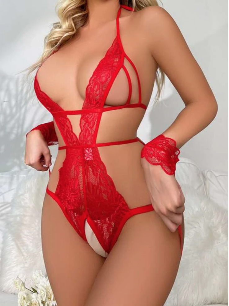 Combinaison Teddy en Dentelle à Entrejambe Ouvert & 1 paire de Bagues à la Main – Image 4