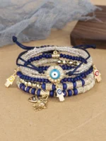 6 pièces/set Set de bracelets à breloque cœur et œil main de Fatma perlé à plusieurs couches bohème œil pendentif bijou