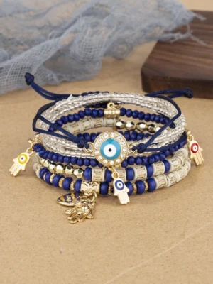 6 pièces/set Set de bracelets à breloque cœur et œil main de Fatma perlé à plusieurs couches bohème œil pendentif bijou