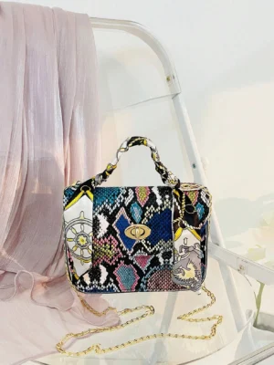 Mini En Relief De Python Sac À Main , Pour Femme À Détail Foulard À Rabat Bourse , Vintage Chaîne Sangle Sac Porté Épaule