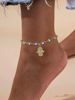 Bracelet de cheville à détail yeux à strass main breloque