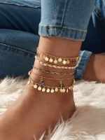 5 pièces Bracelet de cheville à strass à breloque ronde