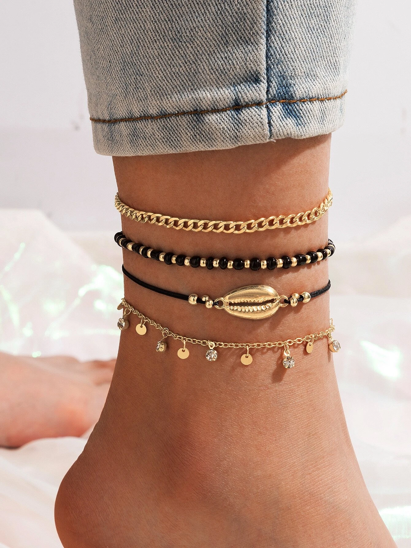 4 pièces Bracelet de cheville à strass & à détail coquille