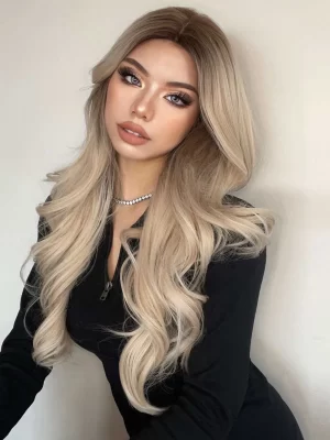 HAIRCUBE 26 Pouce Long Multicolore Blond Perruques , Milieu Partie Bouclé Perruques Synthétiques Pour Femme Perruques Pour Fête Usage Quotidien