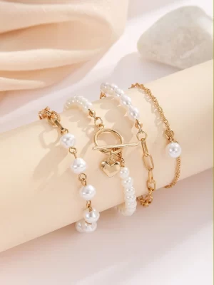 4 pièces Bracelet à breloque cœur avec fausses perles à boucle ot