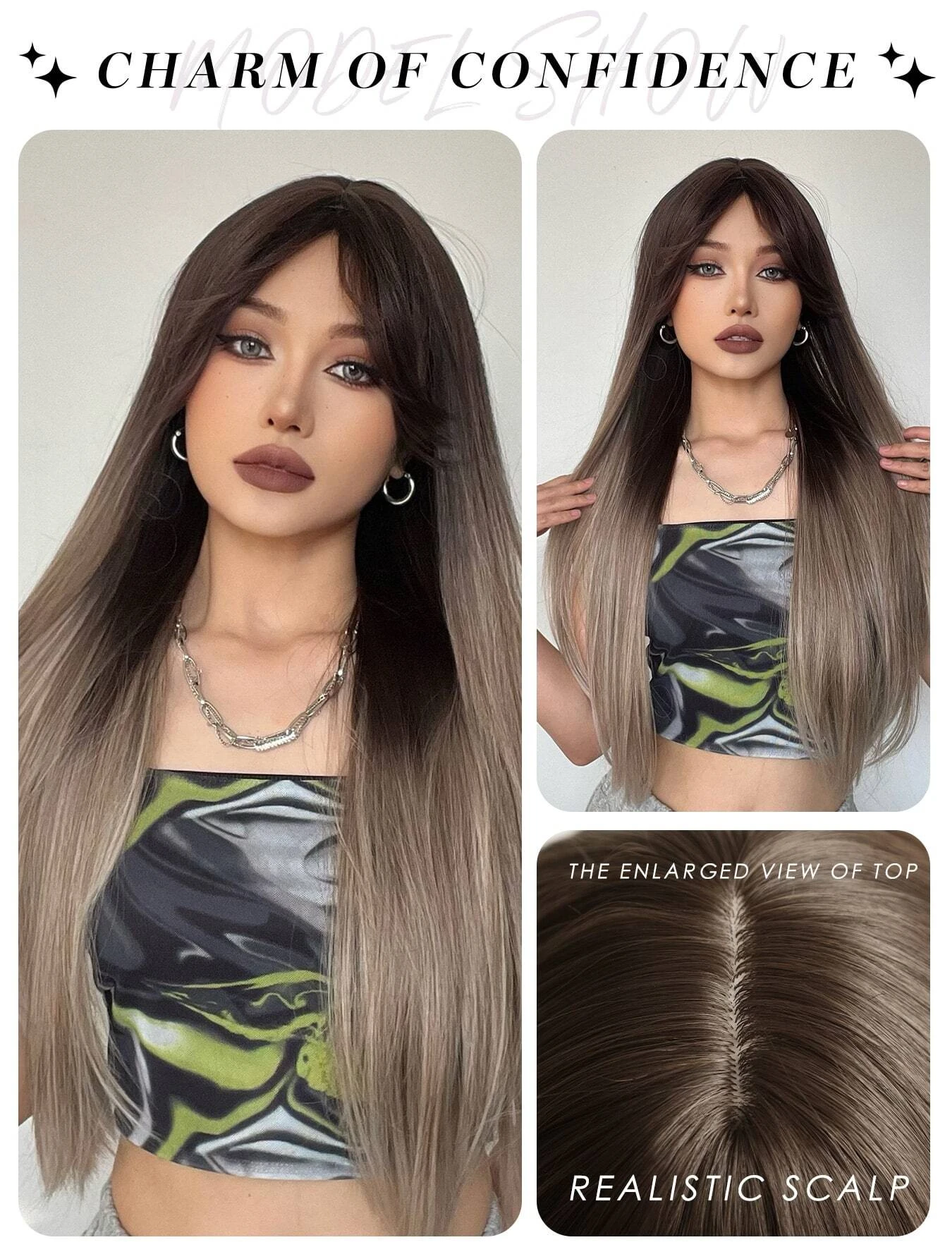 26 Pouce Dégradé Cheveux Raides Perruques Avec Franges Synthétique Fibre Cheveux Remplacement Perruques Pour Femme Fille – Image 7