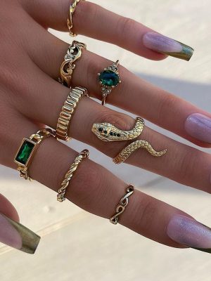 Européen Et Américain Style Ins Gemme Anneau Pour Femme , Haut De Gamme Océan Vague Géométrique Anneau Strass Pour index Doigt , Ouvrir Serpent Set D'anneaux Pour Femme ( 8 pièces )