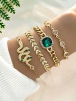 4 pièces/set Vintage Design Serpent Avec Strass Main Bijou Pour Femme , Y Compris imitation Vert agate À Franges Bracelet , Bracelet