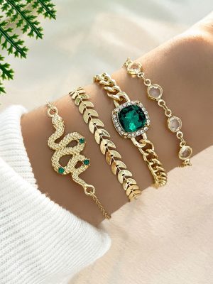 4 pièces/set Vintage Design Serpent Avec Strass Main Bijou Pour Femme , Y Compris imitation Vert agate À Franges Bracelet , Bracelet
