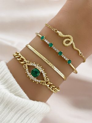 Nouveau vintage Design Serpent Croisé Bracelet Avec À Strass Œil Détail , Créatif À Strass & Gemme Incruster Ouvrir Bracelet Ouvert Ensemble , Rétro Luxueux Set De Bracelets De 4 pièces