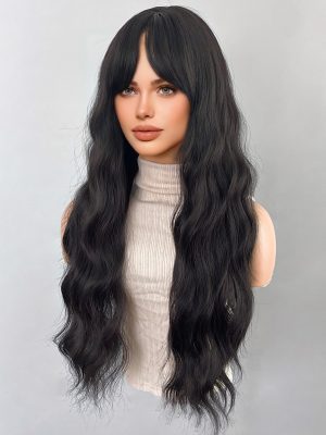 28" Perruque Brune Longue Bouclée Naturelle Avec Frange, Perruque Féminine, Adaptée À Un Usage Quotidien