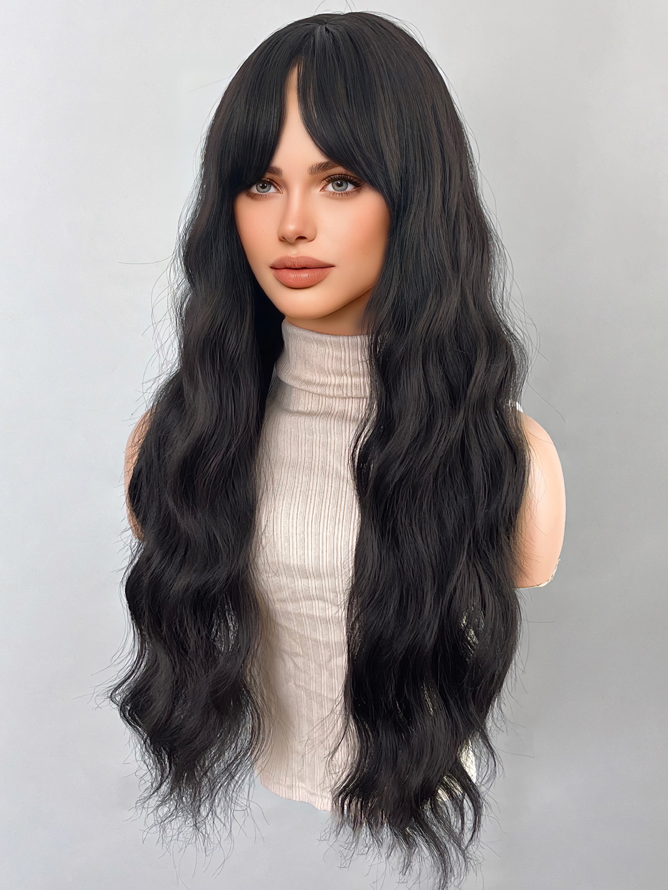 28" Perruque Brune Longue Bouclée Naturelle Avec Frange, Perruque Féminine, Adaptée À Un Usage Quotidien