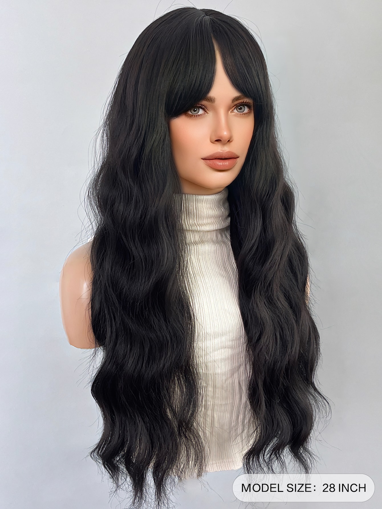 28" Perruque Brune Longue Bouclée Naturelle Avec Frange, Perruque Féminine, Adaptée À Un Usage Quotidien – Image 6