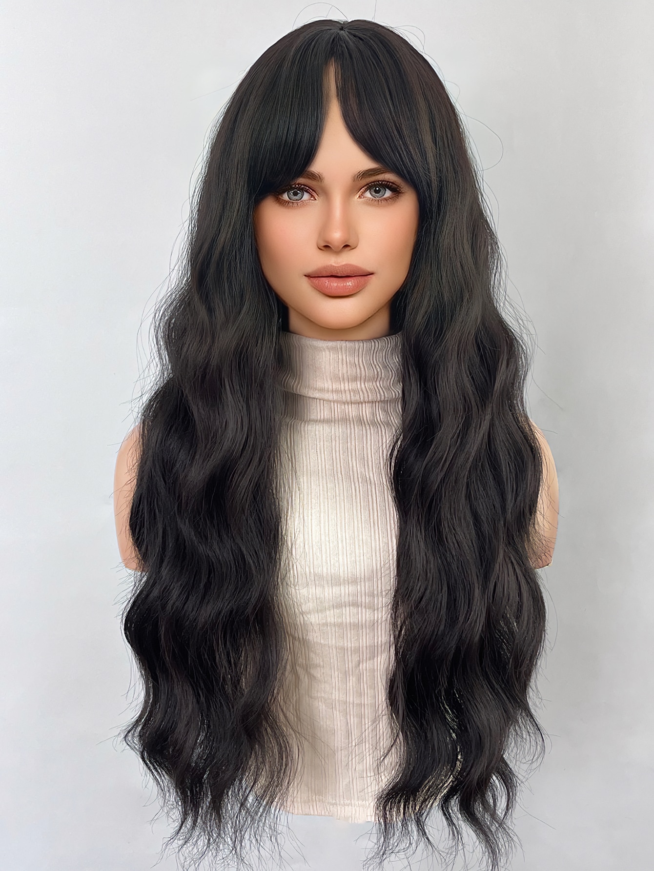 28" Perruque Brune Longue Bouclée Naturelle Avec Frange, Perruque Féminine, Adaptée À Un Usage Quotidien – Image 3