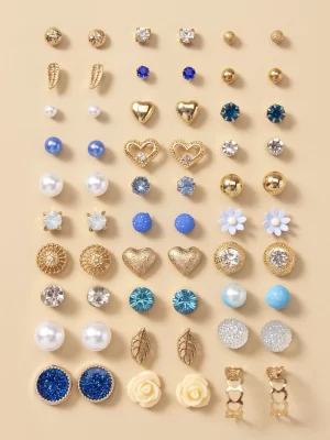 30 paires Clous d'oreilles à fleur et cœur