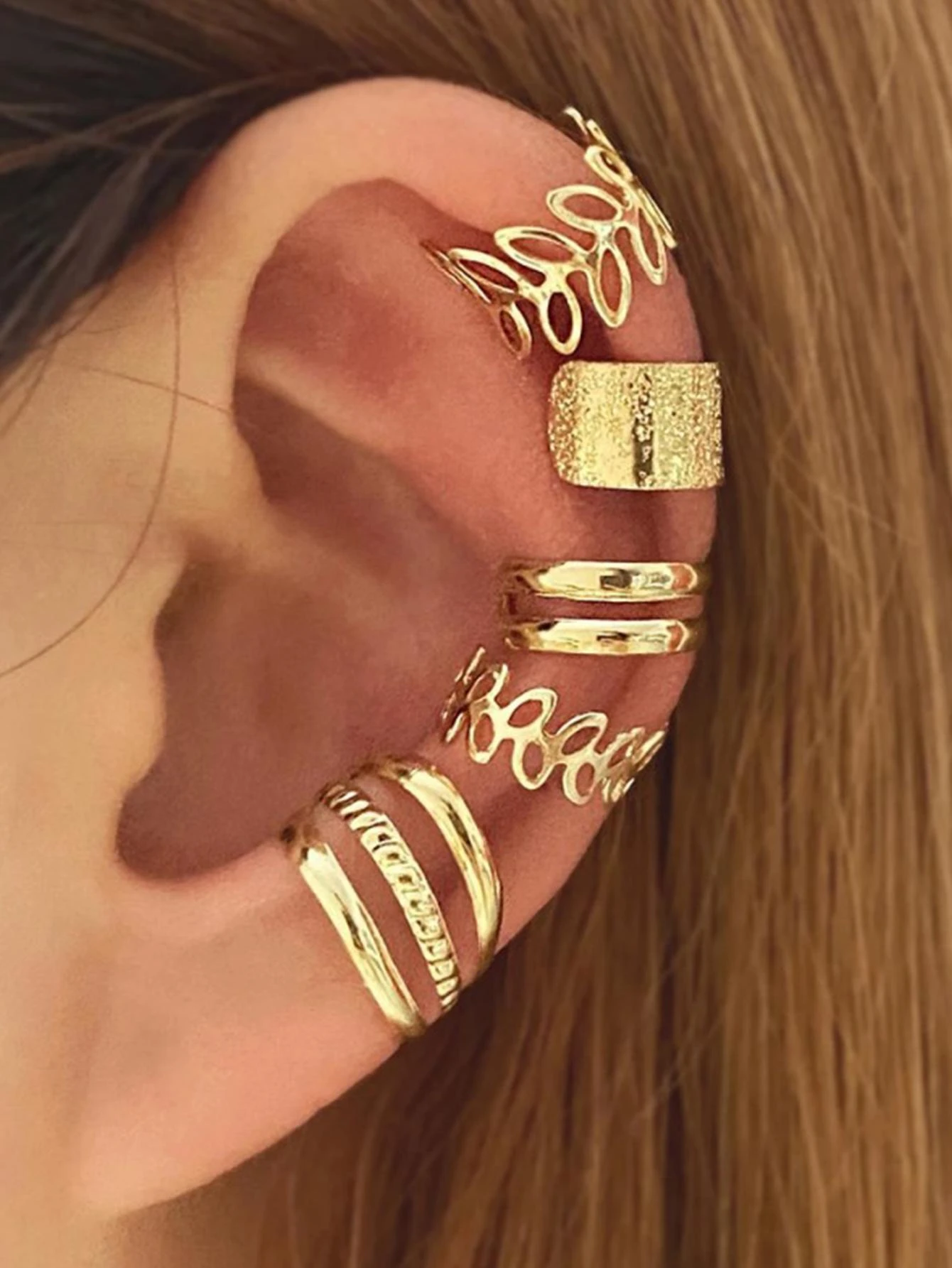 5 pièces/set Boucles D'oreilles Minimaliste À La Mode Ajouré Design Feuille Manchette Pour Non Percé Oreilles