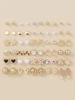 1 Set De 30 Dames' Perle Clous D'oreilles Set , Avec Feuille , Cœur , Fleur , À Nœud Papillon , Design Cristal , Idéal Cadeau Pour Étudiant Festiva