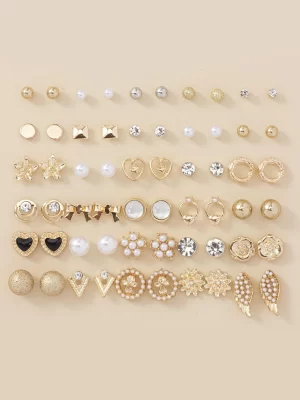 1 Set De 30 Dames' Perle Clous D'oreilles Set , Avec Feuille , Cœur , Fleur , À Nœud Papillon , Design Cristal , Idéal Cadeau Pour Étudiant Festiva