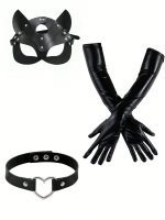 1 pièce Noir punk performance Set De Costumes Y Compris Masque Pour Les Yeux , Design Cœur Ras-du-cou Et 55CM En Similicuir Vernis Gant