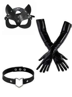 1 pièce Noir punk performance Set De Costumes Y Compris Masque Pour Les Yeux , Design Cœur Ras-du-cou Et 55CM En Similicuir Vernis Gant