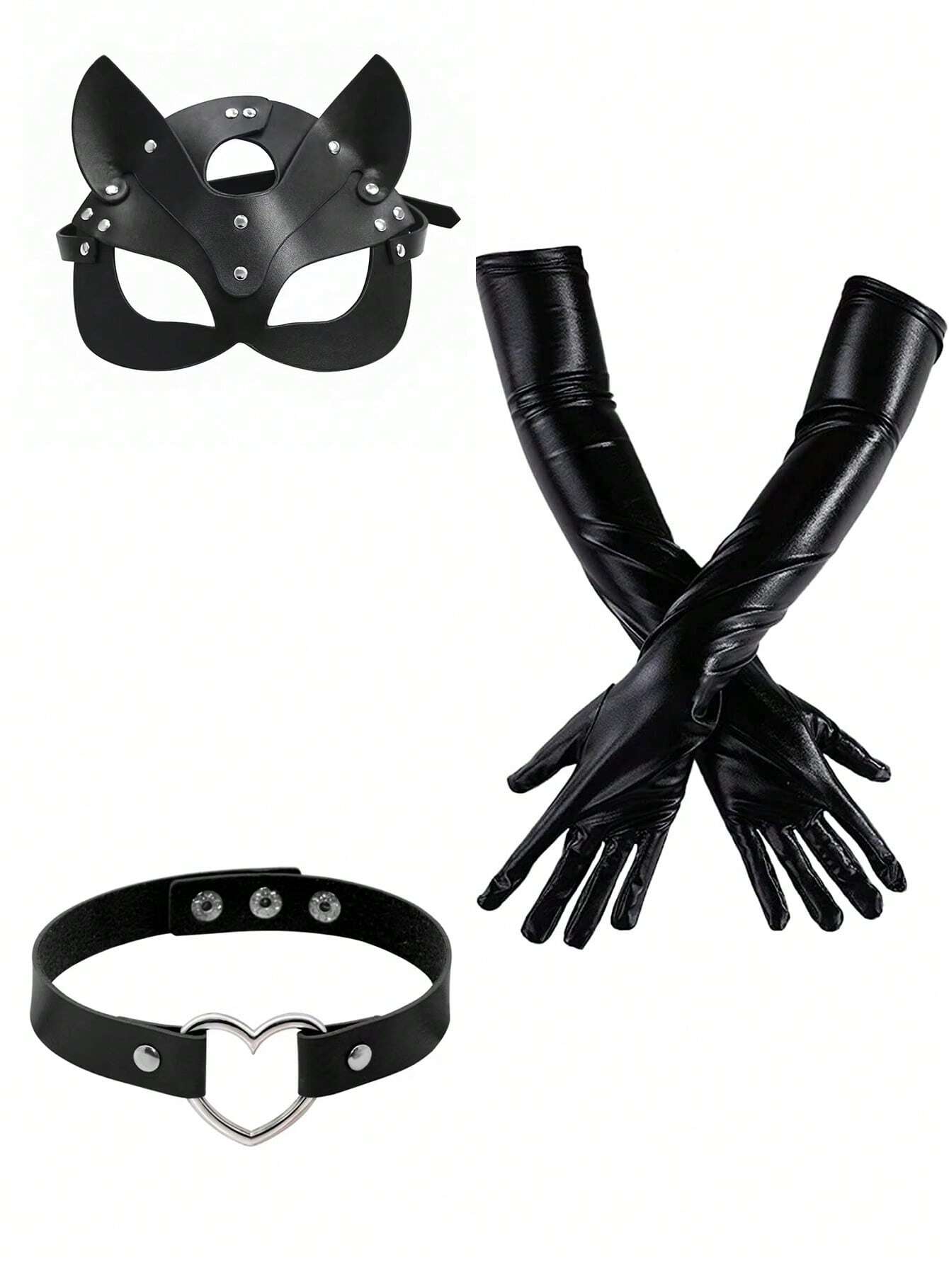 1 pièce Noir punk performance Set De Costumes Y Compris Masque Pour Les Yeux , Design Cœur Ras-du-cou Et 55CM En Similicuir Vernis Gant