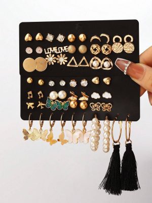 62 pièces/set Boucles D'oreilles Mode Papillon & Fausse Perle & À Franges & Avec Strass Pour Femme Pour Cadeau De Rencontre