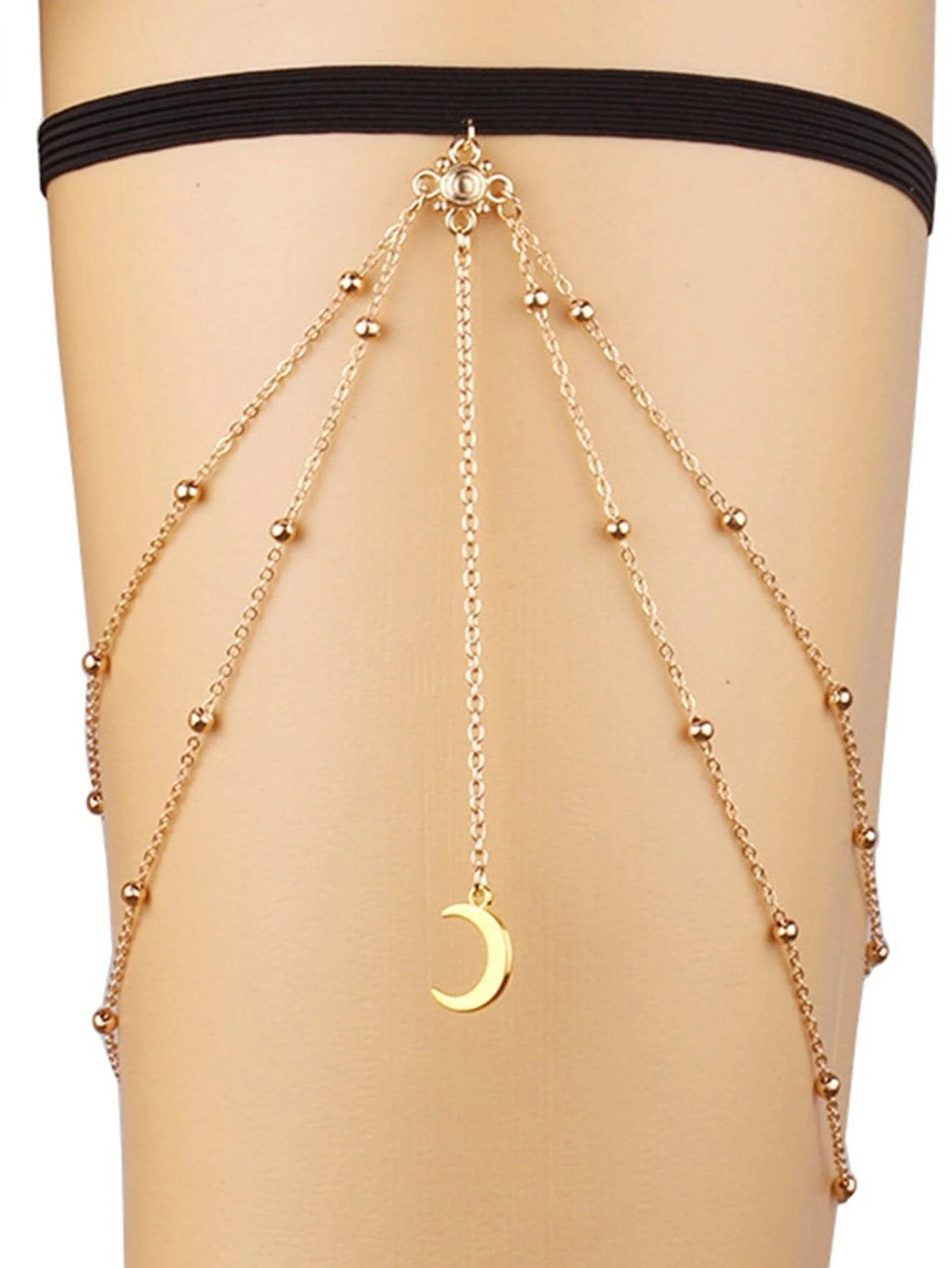 1 pièce Chaîne À Cuisse Élastique En Couches Perlé Chaîne Métallique Croissant Pendentif Ton D'Or À Franges