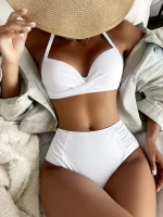 Swim Ensemble de bikini à ruché à armature soutien-gorge push up & Bas taille haute 2 pièces Maillot de bain