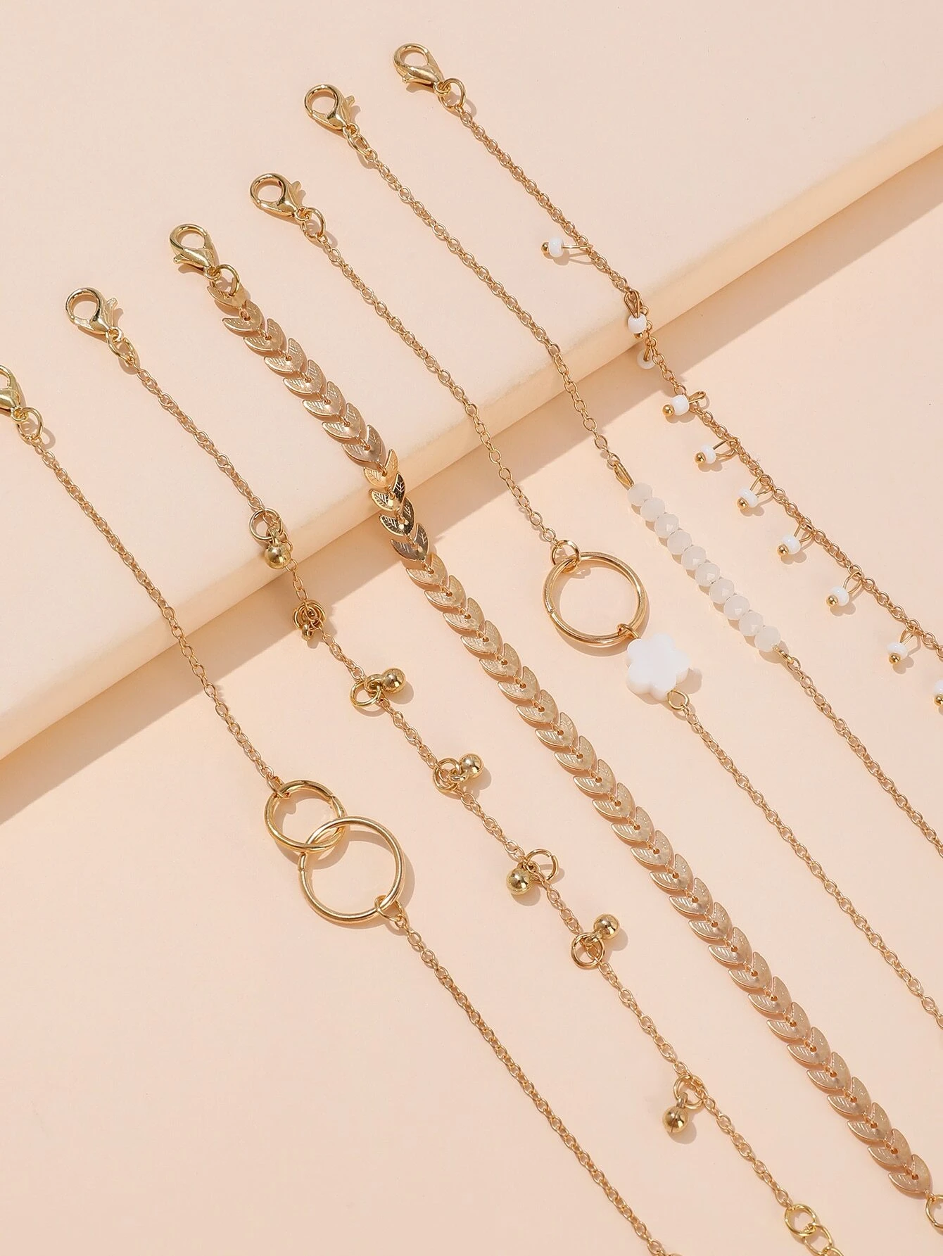 6 pièces/set Set De Bracelets À Franges , Perle , Feuille – Image 2